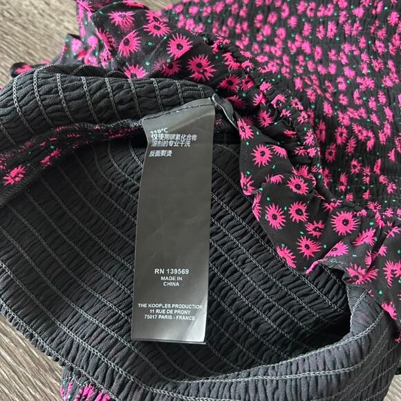 The Kooples Ditsy Flower Black Pink Floral Smocked Mini Skirt Size 1‎ Ruffle Hem - Picture 10 of 16